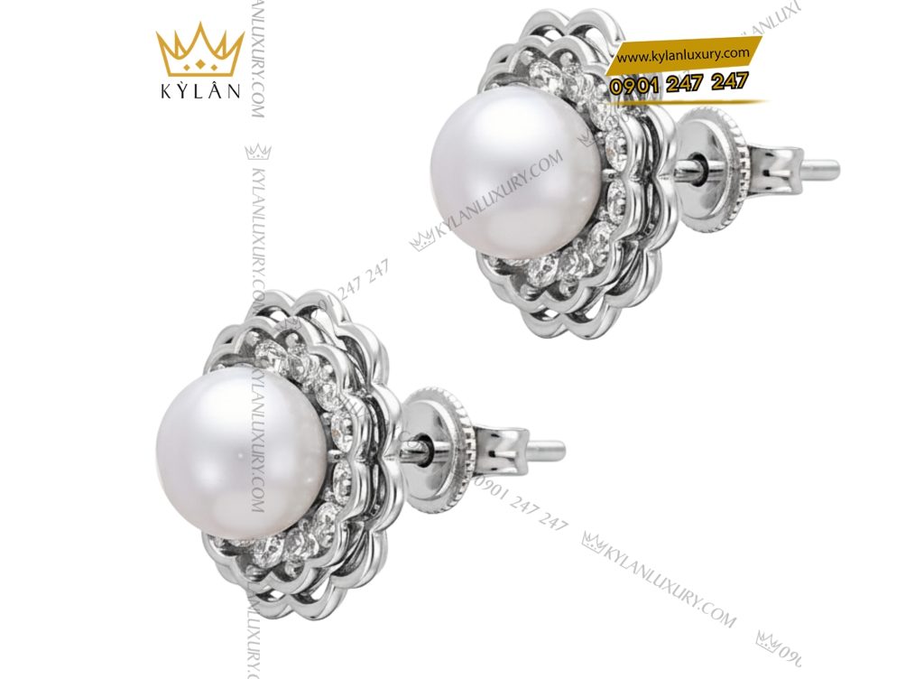 Bông tai Ngọc Trai vàng trắng Au750 đính kim cương 