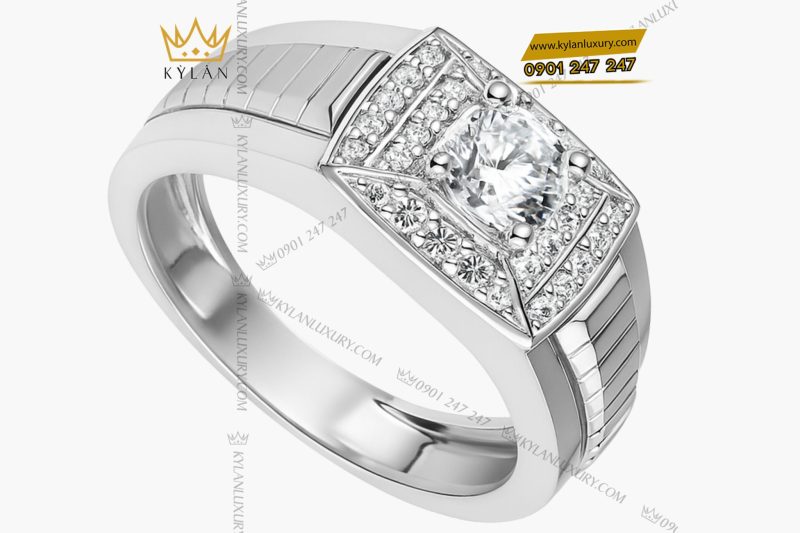 Nhẫn nam vàng trắng nguyên khối Au750 đính kim cương