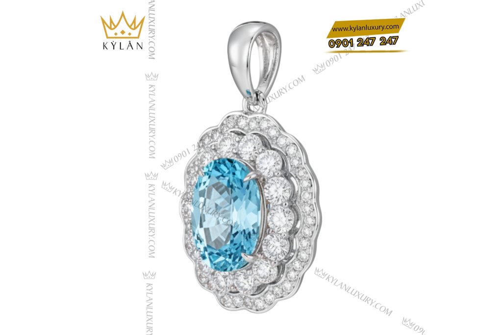 Dây chuyền vàng trắng Au750 kim cương và đá Topaz xanh