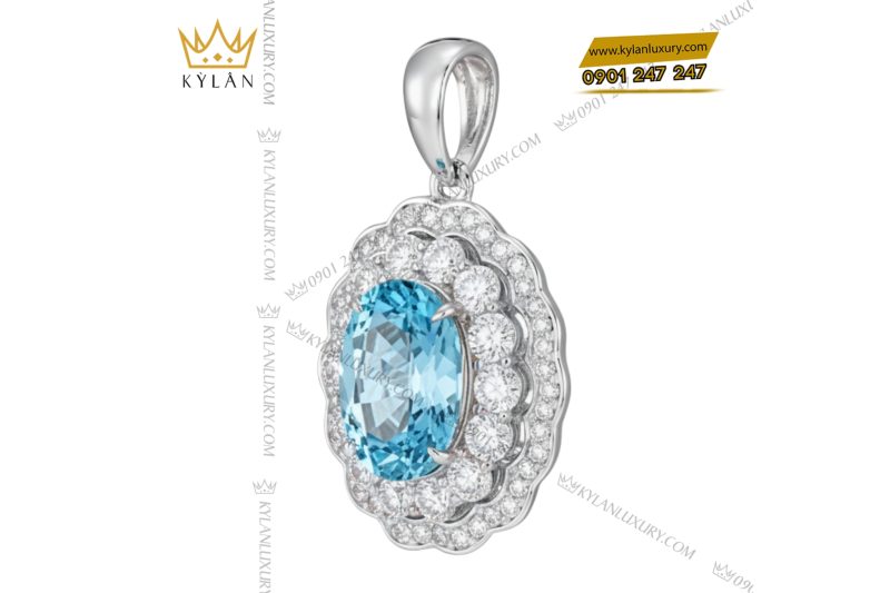 Dây chuyền vàng trắng Au750 kim cương và đá Topaz xanh