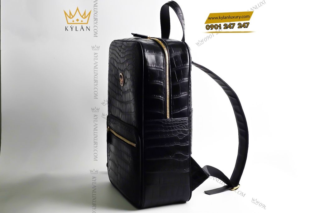 Kỳ Lân Luxury 4 93 Balo da cá Alligator đen đính logo vương miện KY LAN 