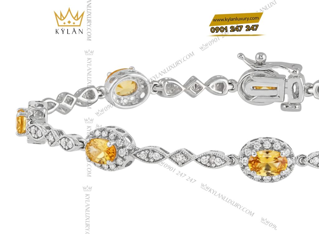 Kỳ Lân Luxury 5 102 Lắc tay kim cương vàng trắng nguyên khối Au750 đính đá sapphire
