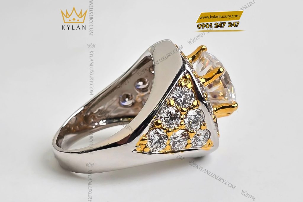Kỳ Lân Luxury 5 11 Nhẫn nam vàng trắng nguyên khối Au750 đính viên chủ 12ly