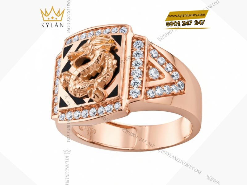 Nhẫn nam Kim Long Vượng Khí vàng hồng Au750 đính kim cương 