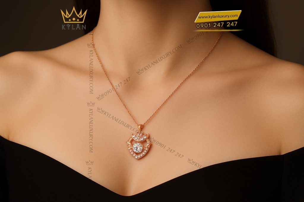 Dây chuyền Vương Miện Hoa Hồng vàng hồng Au750 đính kim cương