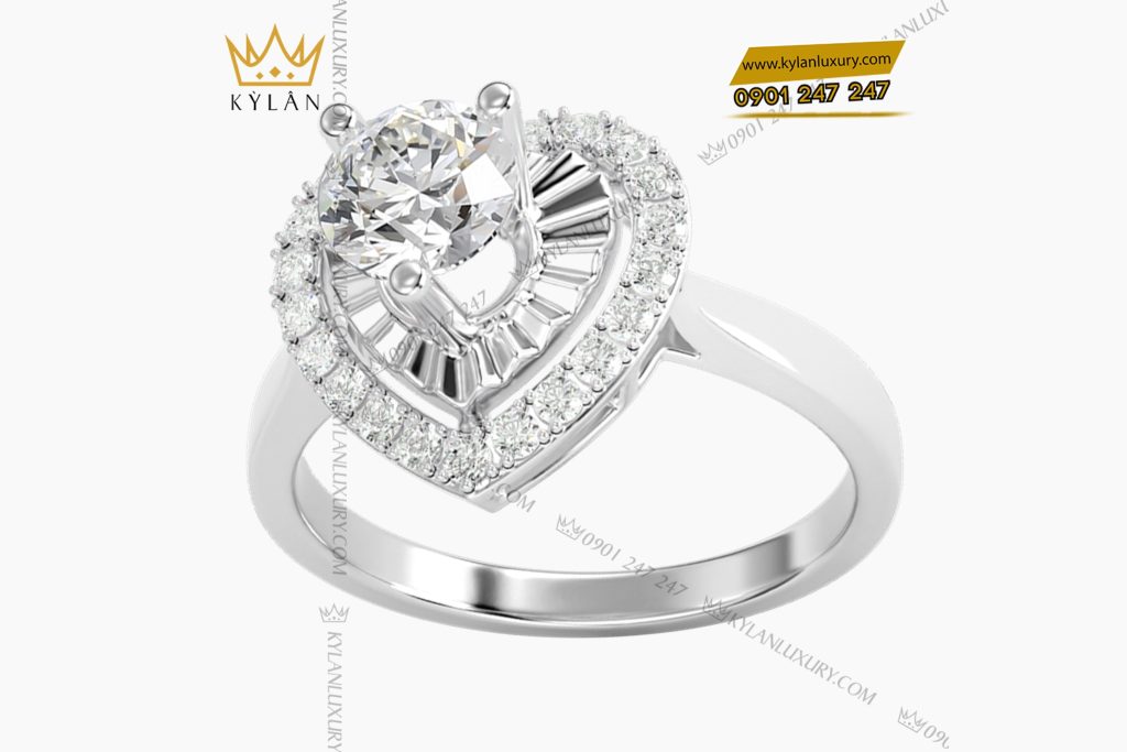 Kỳ Lân Luxury 5 27 Nhẫn trái tim vàng trắng nguyên khối Au750 đính kim cương