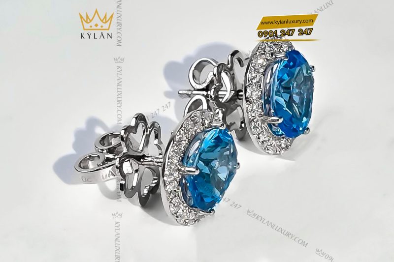 Bông tai kim cương vàng trắng nguyên khối Au750 đính đá Topaz xanh