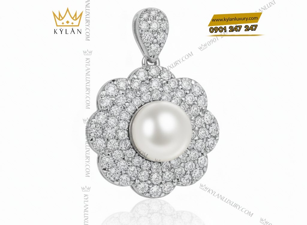 Kỳ Lân Luxury 5 77 Dây chuyền kim cương vàng trắng nguyên khối Au750 đính ngọc trai 