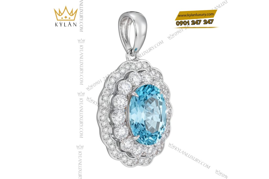 Kỳ Lân Luxury 5 80 Dây chuyền vàng trắng Au750 kim cương và đá Topaz xanh