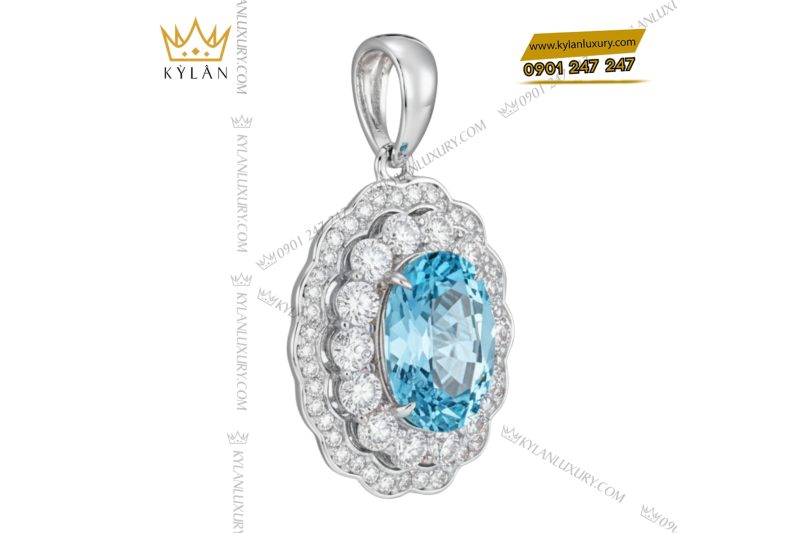 Dây chuyền vàng trắng Au750 kim cương và đá Topaz xanh