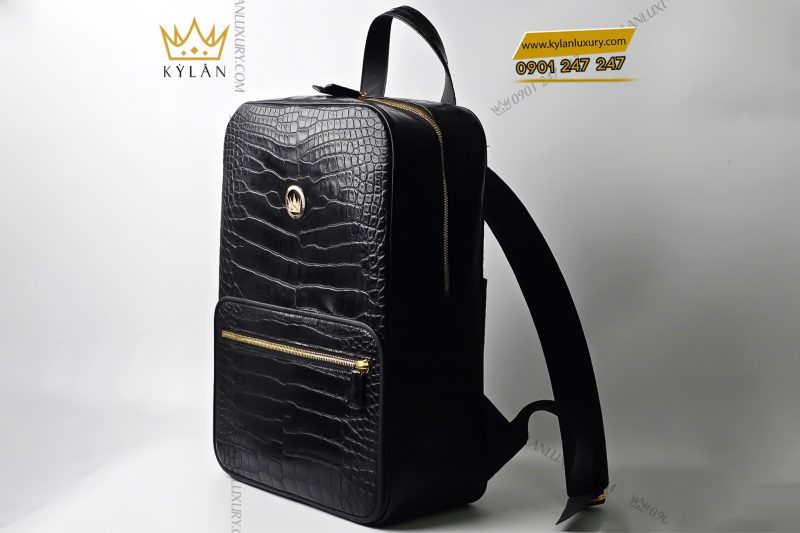 Balo da cá Alligator đen đính logo vương miện KY LAN 