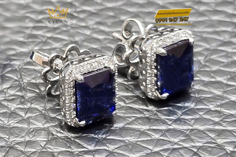 Bông tai kim cương vàng trắng Au750 đính đá Sapphire xanh