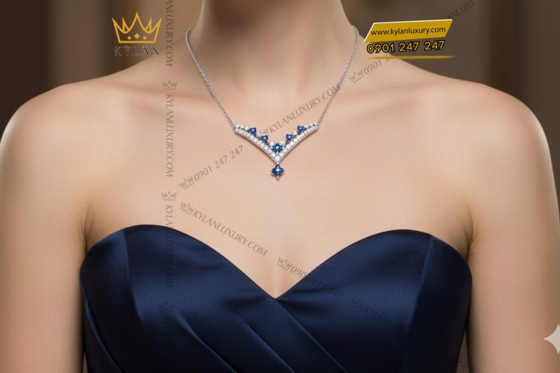 Dây chuyền kim cương vàng trắng nguyên khối Au750 đính đá Topaz