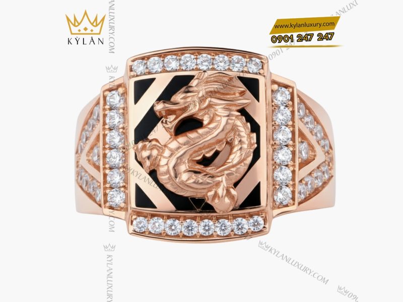 Nhẫn nam Kim Long Vượng Khí vàng hồng Au750 đính kim cương 