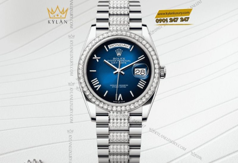 Rolex Day-Date 36 Oyster m128349RBR vàng trắng 36mm với vành nạm kim cương, vỏ Oyster chống nước 100m sang trọng và tinh xảo