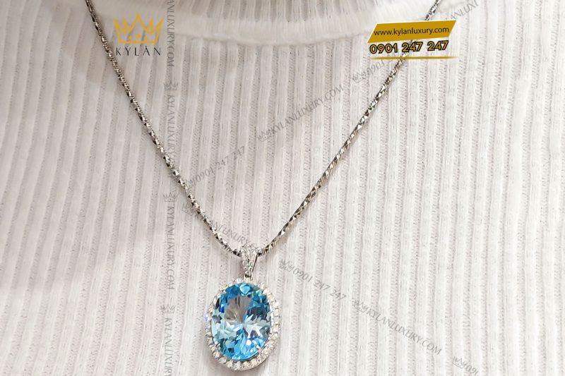 Mặt dây chuyền kim cương vàng trắng nguyên khối Au750 đính đá Topaz xanh