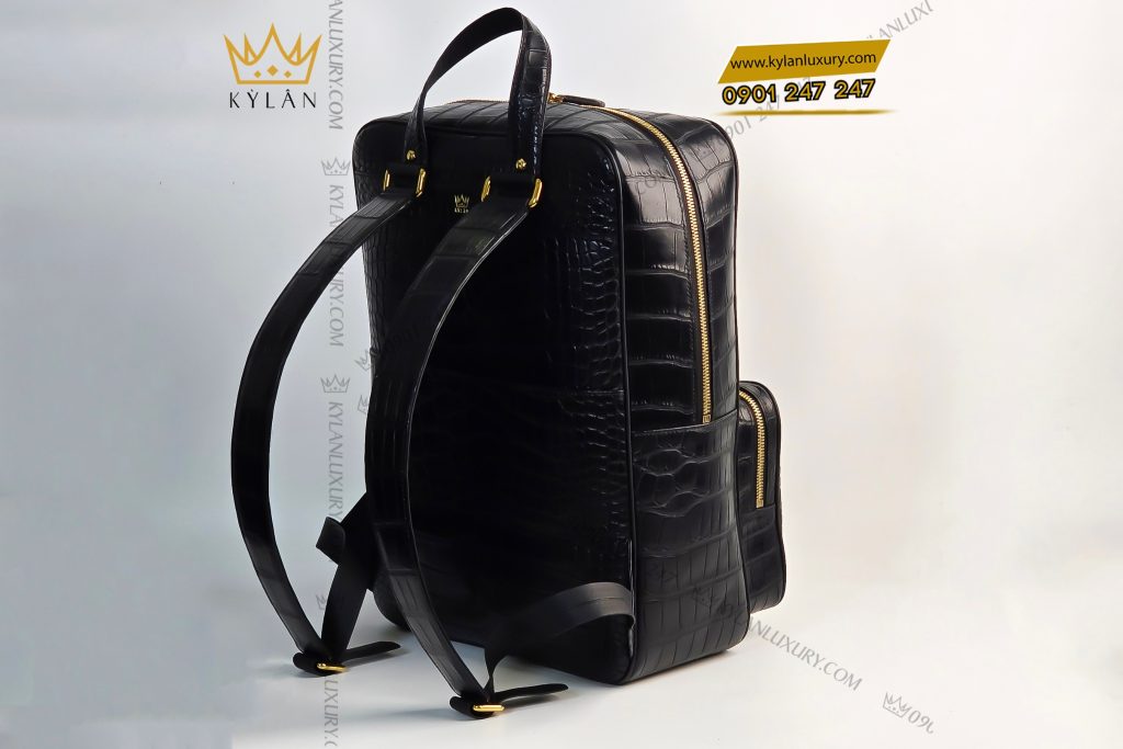Kỳ Lân Luxury 6 64 Balo da cá Alligator đen đính logo vương miện KY LAN