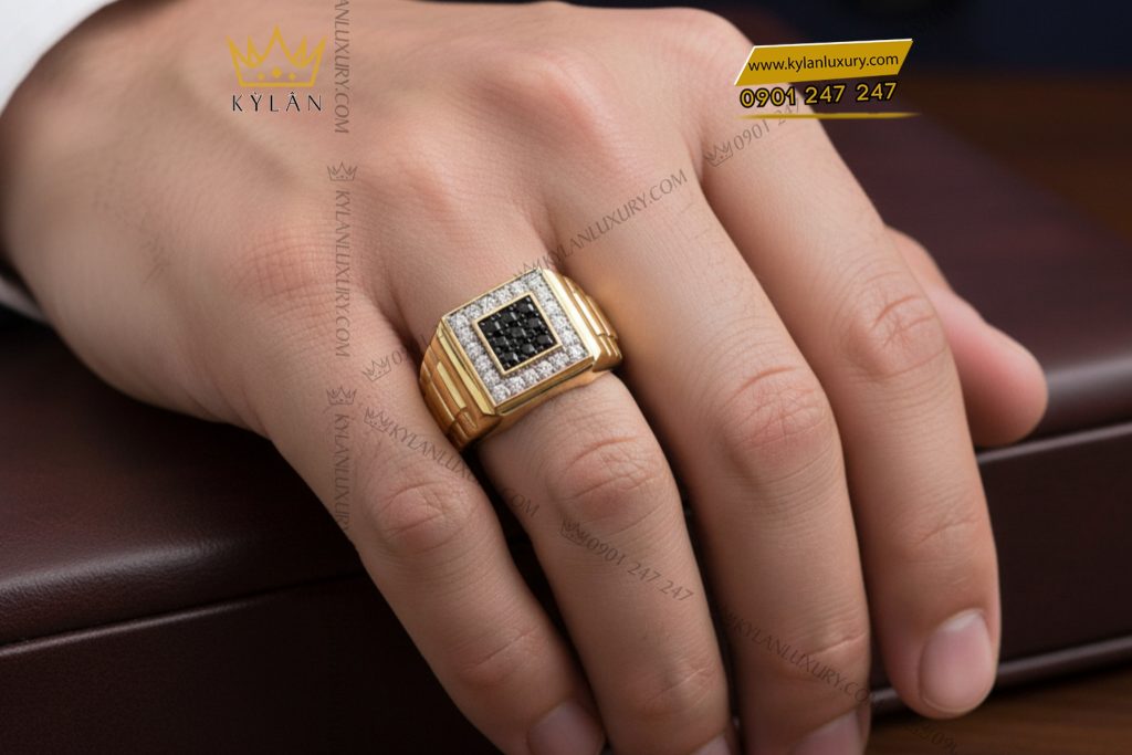 Nhẫn nam kim cương vàng vàng nguyên khối Au750 đính đá quý 