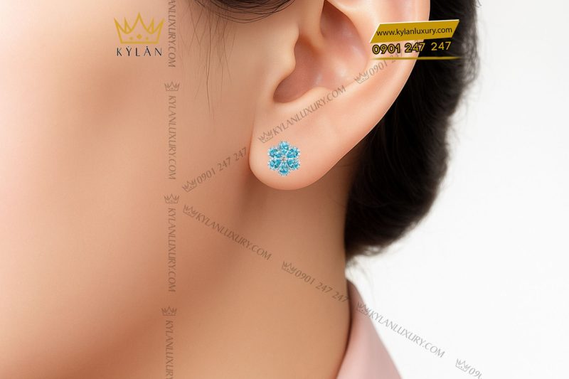 Bông tai Hoa Tuyết Xanh vàng trắng nguyên khối Au750 đính kim cương và đá quý