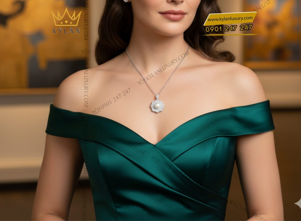 Dây chuyền kim cương vàng trắng nguyên khối Au750 đính ngọc trai 