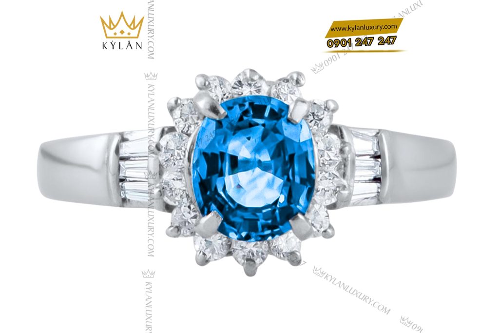 Nhẫn vàng trắng Au750 đính kim cương và đá sapphire xanh