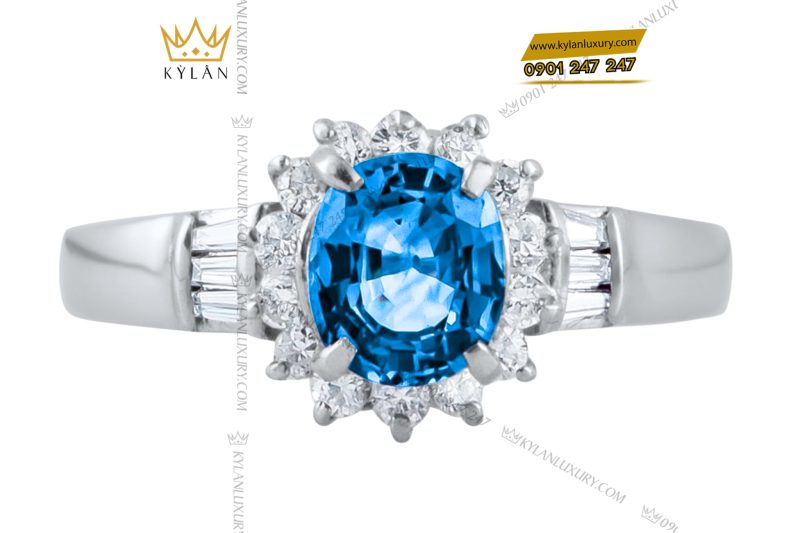 Nhẫn vàng trắng Au750 đính kim cương và đá sapphire xanh