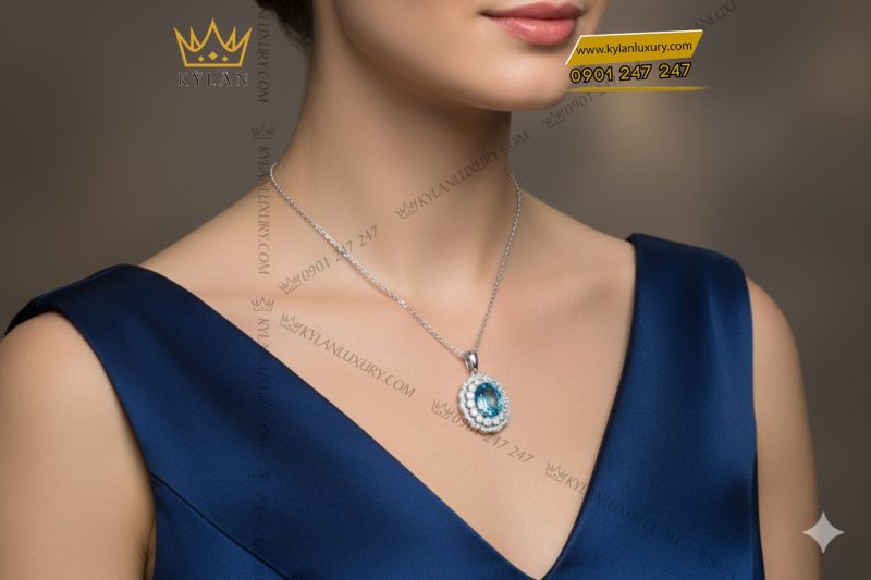 Dây chuyền vàng trắng Au750 kim cương và đá Topaz xanh