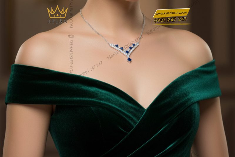 Dây chuyền kim cương vàng trắng nguyên khối Au750 đính đá Topaz