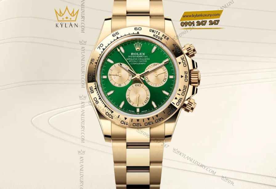 Đồng hồ Rolex Cosmograph Daytona Oyster m126508 vàng kim 40mm với vành tachymetric, mặt kính sapphire chống trầy và khả năng chống nước 100m