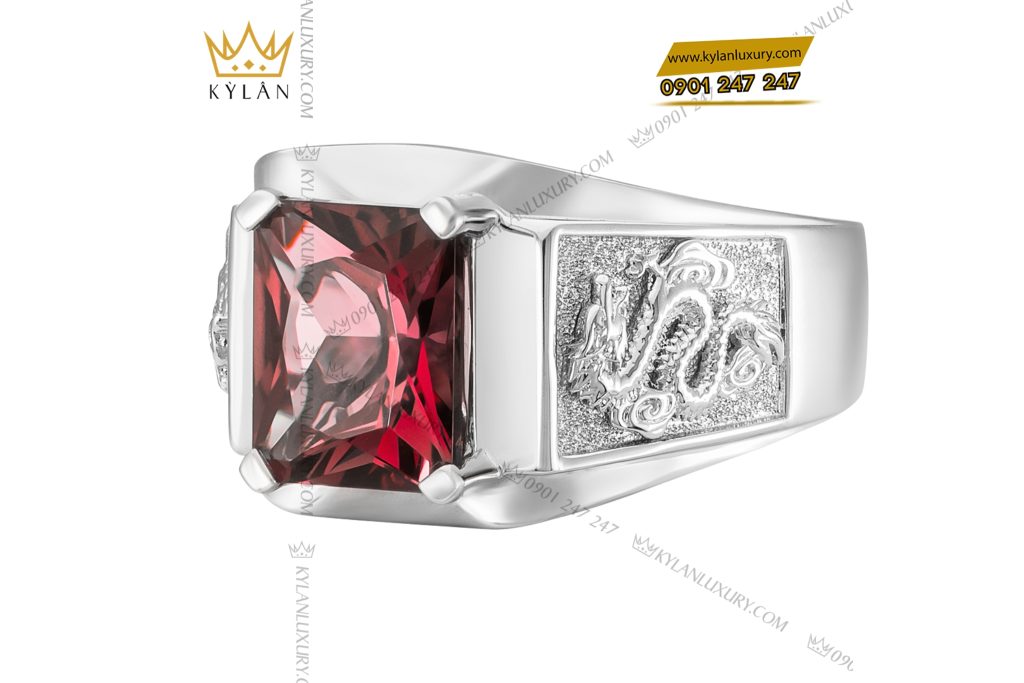Kỳ Lân Luxury 7 19 Nhẫn nam vàng trắng nguyên khối Au750 đính đá quý đỏ