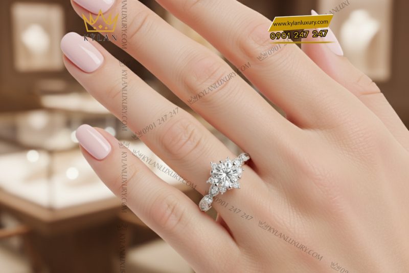 Nhẫn nữ vàng trắng nguyên khối Au750 đính kim cương
