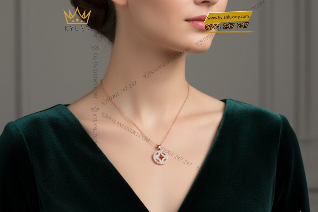 Dây chuyền vàng hồng nguyên khối Au750 đính kim cương