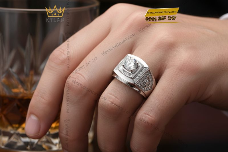 Nhẫn nam vàng trắng nguyên khối Au750 đính kim cương
