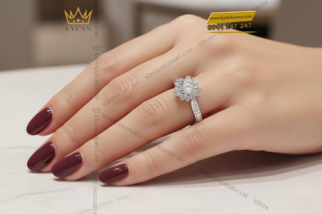 Nhẫn nữ vàng trắng nguyên khối Au750 đính kim cương