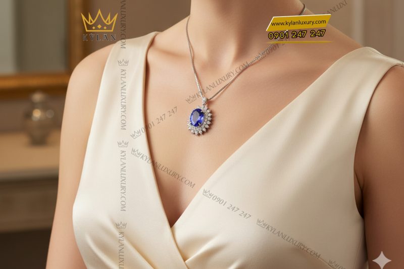 Dây chuyền kim cương vàng trắng nguyên khối Au750 đính đá quý