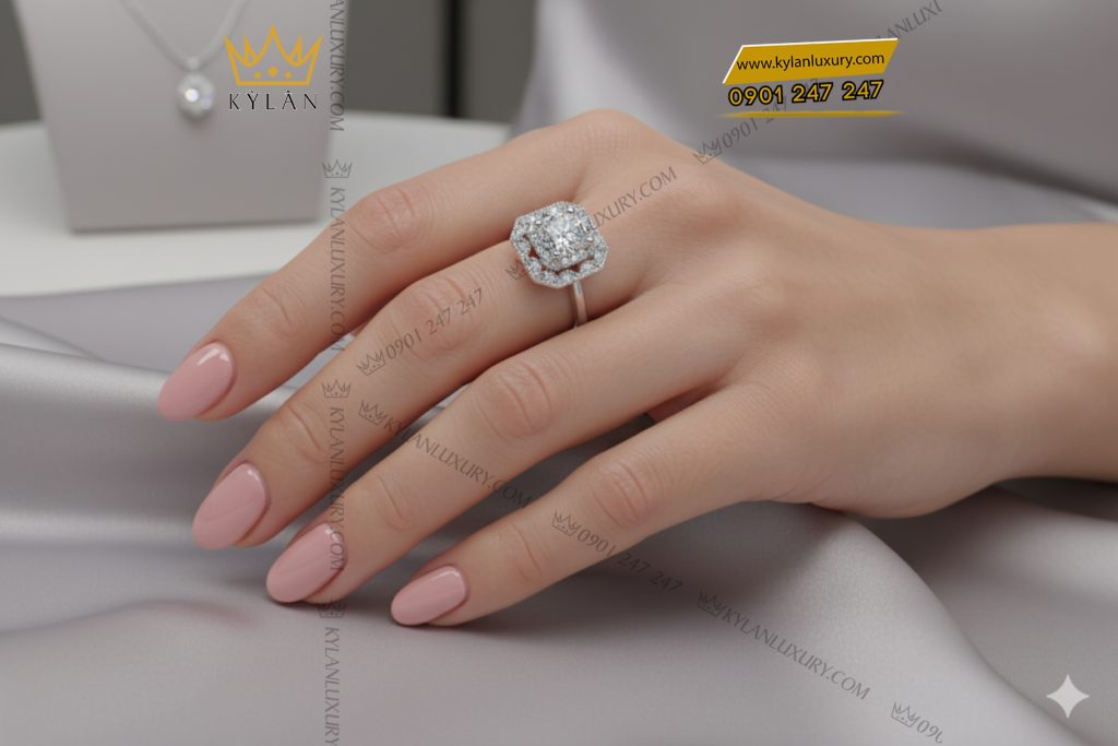 Nhẫn kim cương vàng trắng nguyên khối Au750 