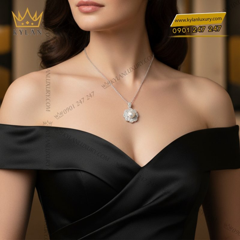 Dây chuyền kim cương vàng trắng nguyên khối Au750 đính ngọc trai 