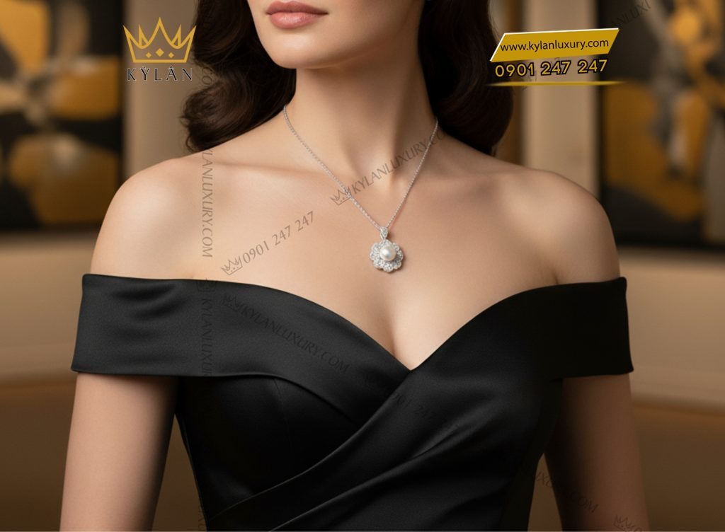 Dây chuyền kim cương vàng trắng nguyên khối Au750 đính ngọc trai 