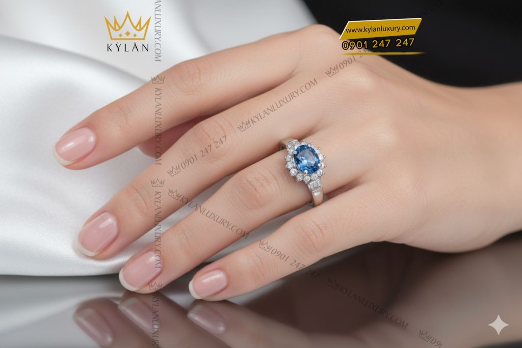 Nhẫn vàng trắng Au750 đính kim cương và đá sapphire xanh