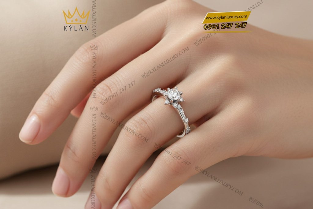Kỳ Lân Luxury 7 8 Nhẫn Hoàng Kim vàng trắng nguyên khối Au750 đính kim cương