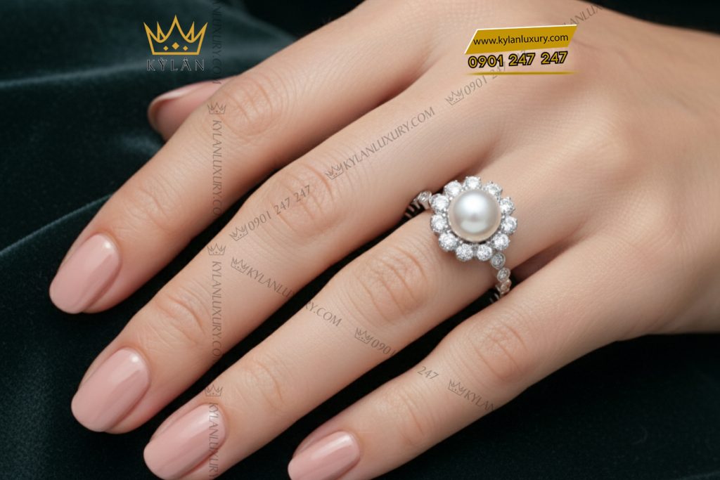 Nhẫn Ngọc Trai vàng trắng Au750 đính kim cương
