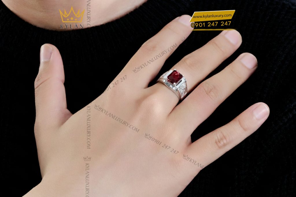 Kỳ Lân Luxury 8 11 Nhẫn nam vàng trắng nguyên khối Au750 đính đá quý đỏ