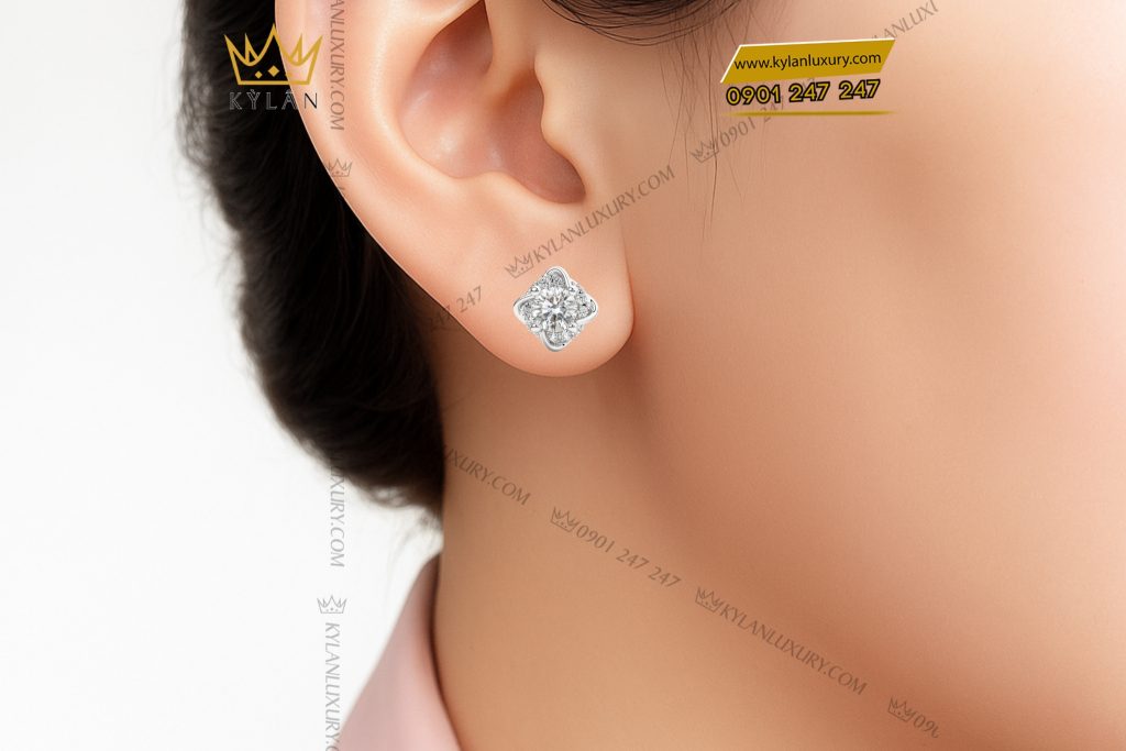 Kỳ Lân Luxury 8 12 Bông tai vàng trắng nguyên khối Au750 đính kim cương