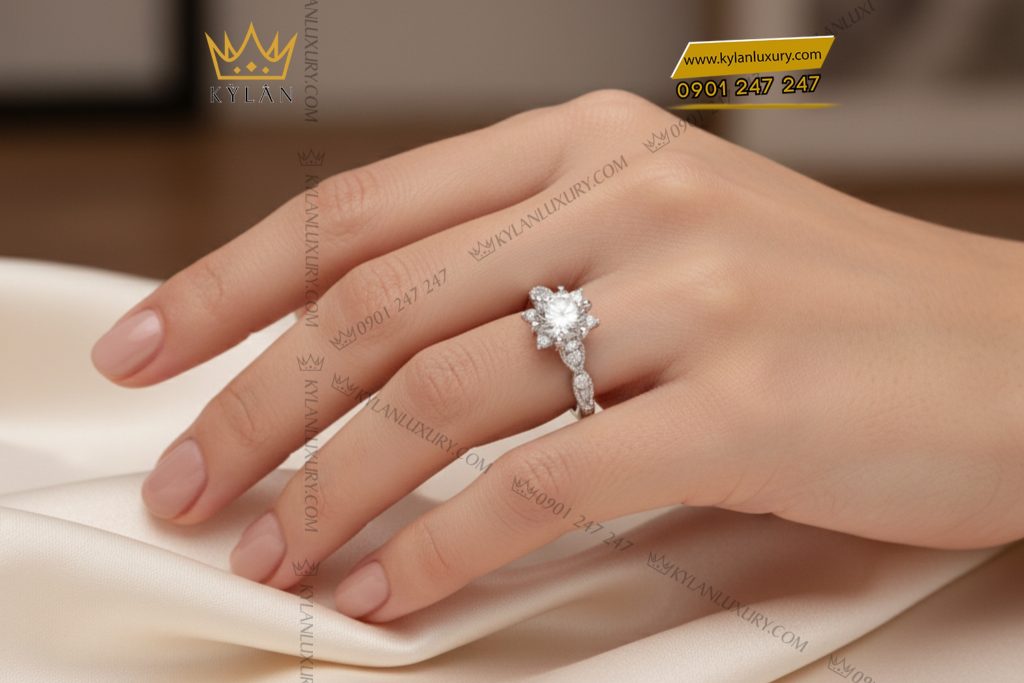 Nhẫn nữ vàng trắng nguyên khối Au750 đính kim cương
