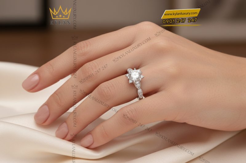 Nhẫn nữ vàng trắng nguyên khối Au750 đính kim cương
