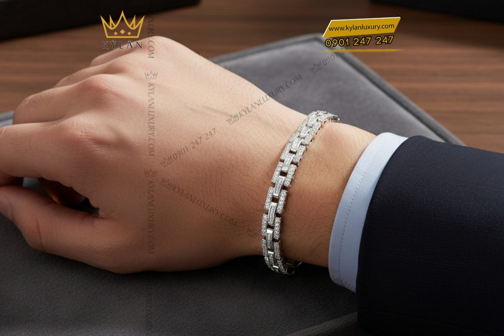 Kỳ Lân Luxury 8 14 Lắc tay nam vàng trắng nguyên khối Au750 đính kim cương