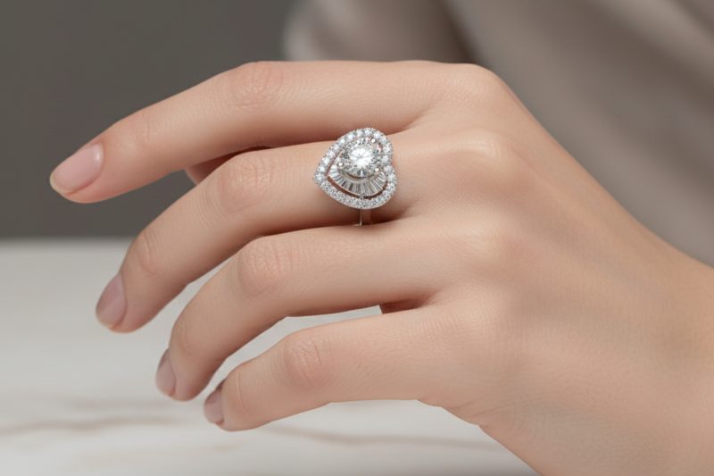 Nhẫn trái tim vàng trắng nguyên khối Au750 đính kim cương