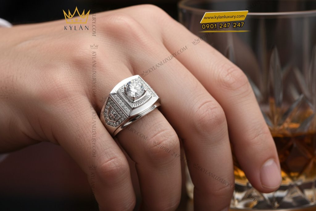 Kỳ Lân Luxury 8 19 Nhẫn nam vàng trắng nguyên khối Au750 đính kim cương