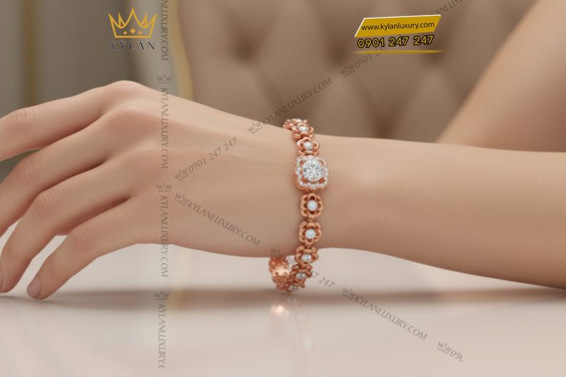 Lắc tay nữ vàng hồng nguyên khối Au750 đính kim cương
