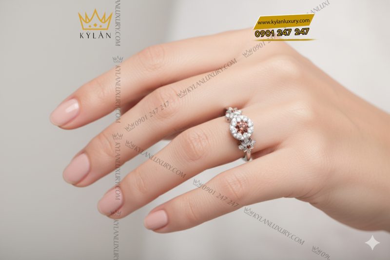 Nhẫn nữ vàng trắng nguyên khối Au750 đính kim cương và đá quý